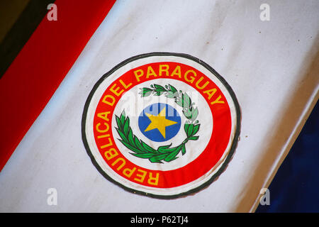 Close up of the coffin covered with Paraguayan flag in National Pantheon of the Heroes in Asuncion, Paraguay. Stock Photo