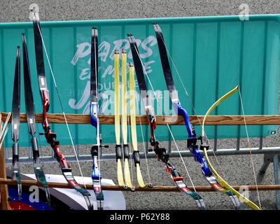 Sporting equipment, bows, to be used during the public Olympic Day celebration, Paris, France Stock Photo