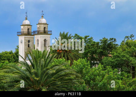 Bell towers of Basilica of the Holy Sacrament in Colonia del Sacramento, Uruguay. It is one of the oldest towns in Uruguay Stock Photo