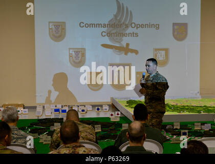 Col. Greg Anderson, 173rd Airborne Brigade commander, speaks during a rehearsal of concept drill for Saber Junction 16, April 9, 2016, at Aviano Air Base, Italy. The exercise involved the 173rd Airborne Brigade and 16 allied and European nations conducting land operations in a joint, combined environment and to promote interoperability with participating nations. (U.S. Air Force photo by Airman 1st Class Cary Smith/Released) Stock Photo