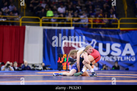 160410-N-DD899-005 IOWA CITY, Iowa (April 10, 2016) U.S. Army Sgt. Whitney Conder, left, with the U.S. Army World Class Athletic Program, tries to take down Shelby Morrison, right, during day two of the 2016 U.S. Olympic Wrestling Trials at the Carver-Hawkeye Arena. (U.S. Navy photo by Mass Communication Specialist 1st Class Sharay Bennett/Released) Stock Photo