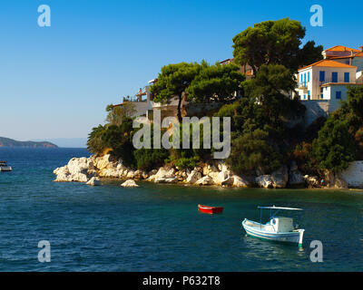 Seascape with small boats on the Aegean Sea in Skiathos town, Greece Stock Photo
