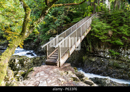 Wooden Miners bridge over the Afon Lledr, in Betws-y-Coed, Gwynedd, North Wales, UK Stock Photo