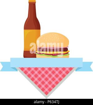 picnic emblem with hamburger and beer bottle icon over white background, vector illustration Stock Vector