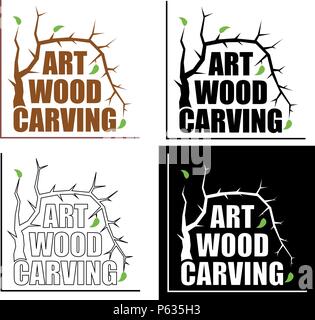 artistic wood carving with tree leaves Creative minimalist logo Stock Vector