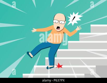 Senior man falling from staircase, vector art design Stock Vector