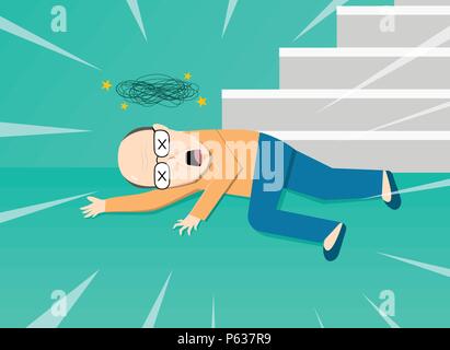 Fainted old man after falling from staircase, vector art Stock Vector