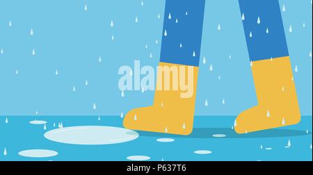 Feet of man in rain boots walk on road with rain, vector art Stock Vector
