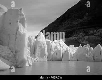 The giant ICE WALL of GREY GLACIER as it enters GREY LAKE in TORRES DEL PAINE NATIONAL PARK - PATAGONIA, CHILE Stock Photo