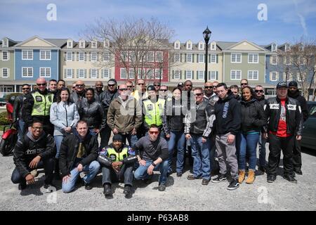 NEWPORT NEWS, Va. (Apr 15, 2016) -- Pre-Commissioning Unit Gerald R. Ford (CVN 78) Sailors pose  for a group photo upon the conclusion of their Annual Spring Ride.  Ford is the first of a new class of aircraft carriers currently under construction by Huntington Ingalls Newport News Shipbuilding.  (U.S. Navy photo by Mass Communication Specialist Seaman Apprentice Connor Loessin/Released) Stock Photo