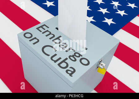 3D illustration of Embargo on Cuba script on a ballot box, and an voting envelope been inserted into the ballot box, isolated over a colored gradient. Stock Photo