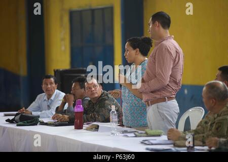 Assistant Mayor Pablo Pocheco speaks to local Cocodes from the surrounding areas about the future Medical Readiness Exercise as part of the  Beyond The Horizon Operation at San Pablo, Guatemala, April 29, 2016. Task Force Red Wolf and Army South conducts Humanitarian Civil Assistance Training to include tactical level construction projects and Medical Readiness Training Exercises providing medical access and building schools in Guatemala with the Guatemalan Government and non-government agencies from 05MAR16 to 18JUN16 in order to improve the mission readiness of US forces and to provide a las Stock Photo