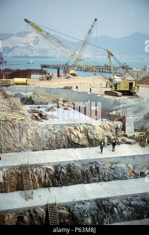 Giant foundations pit for the cable anchorages of the Tsing Ma suspension bridge in Hong Kong Stock Photo