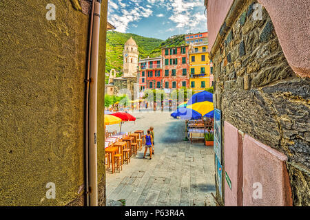 VERNAZZA (SP), ITALY - JUNE 18, 2018: tourists are walking in the center of Vernazza Stock Photo