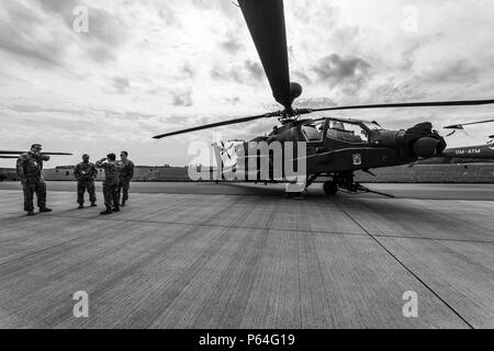 BERLIN, GERMANY - APRIL 25, 2018: Attack helicopter Boeing AH-64D Apache Longbow. US Army. Black and white. Exhibition ILA Berlin Air Show 2018 Stock Photo