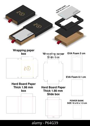 power bank rigid slide sleeve box mockup dieline Stock Vector
