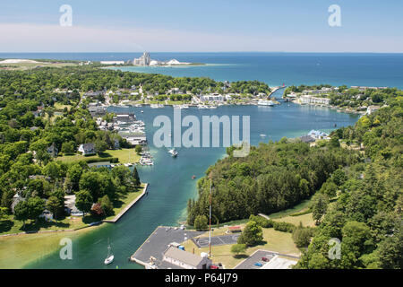 Aerial view of the Pine River leading to Round Lake with Charlevoix and Lake Michigan in the background, looking west. Stock Photo