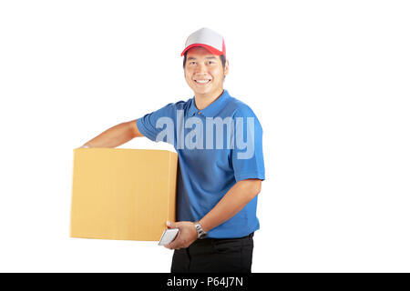 delivery man holding cardbox toothy smiling face with professional service mind isolated white background Stock Photo
