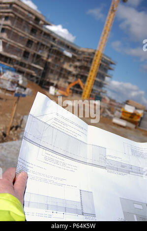 Building plans being checked over by a foreman on a construction site. Stock Photo