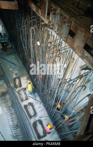 Singapore underground, Northeast Line. Fixing steel reinforcing bars into position. Stock Photo
