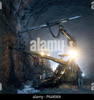 Atlas Copco Jumbo Drill Rig fixing rock anchors in pumphouse cavern. Yellow River Water Transfer scheme. Xanxi Province. North West China. 1999. Stock Photo