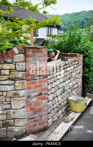 Building a garden wall with cotswold stone and cement mortar with reclaimed red brick pillars and coping UK Stock Photo