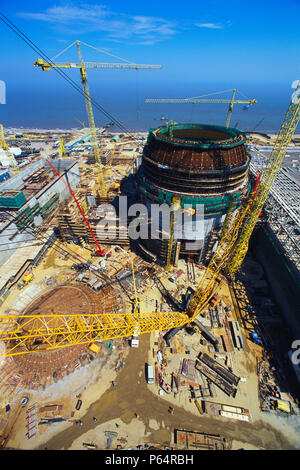 Cranes at construction of Sizewell B nuclear reactor, Suffolk, UK, aerial view Stock Photo