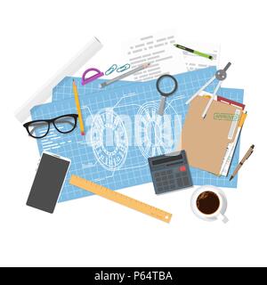 Architecture blueprints and engineer workspace Stock Vector