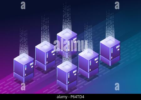 Isometric cryptocurrency farm banner Stock Vector