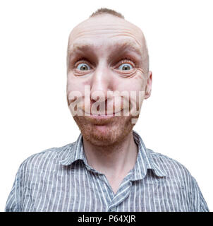 Funny portrait of an unshaven middle-aged caucasian man. Positive emotions and expressions. Smiling and surprised man. Isolated on white. Stock Photo