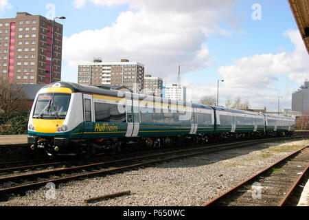 A Class 170 Turbostar in Hull Trains livery stands ready for departure at Hull Paragon station. 2004 Stock Photo