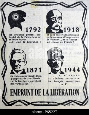 Poster depicting heroes of the French struggle against aggressors: Left top: the cap of liberty 1792;top right Georges Clemenceau;Bottom left: Adolphe Thiers Paris commune;and Bottom right General de Gaulle world war Two. Stock Photo
