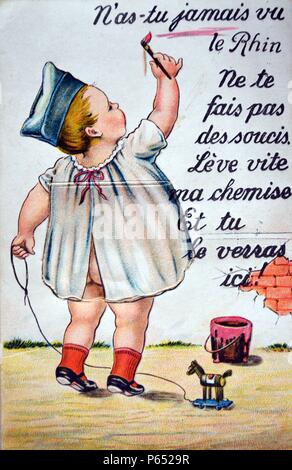French postcard on the subject of the occupation of the German Rhineland in 1923 when the child's nightshirt is lifted it reveals mini postcards showing cities, towns and sights along the river rhine Stock Photo