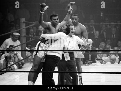 Muhammad Ali (born Cassius Clay, Jr.; January 17, 1942) American former professional boxer, considered among the greatest heavyweights in the sport's history. May 25, 1965, heavyweight champion Muhammad Ali   after his rematch with boxer Sonny Liston. Ali knocked out Liston in the first round Stock Photo