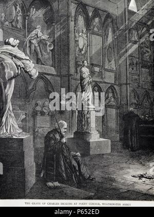 Illustration depicts the grave of Charles Dickens (1812-1870) at Poets' Corner, Westminster Abbey. Charles Dickens was an English writer and social critic during the Victorian period. Dated 1870 Stock Photo