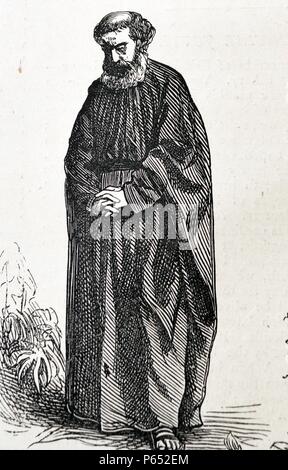 Detail from a poster advertising the Bavarian Passion Play; a dramatic presentation depicting the Passion of Jesus Christ: his trial, suffering and death. The character shown in this detail is 'St. Peter' played by Jacob Hett. Anti-Semitism was prominent in Passion plays. Dated 1870 Stock Photo