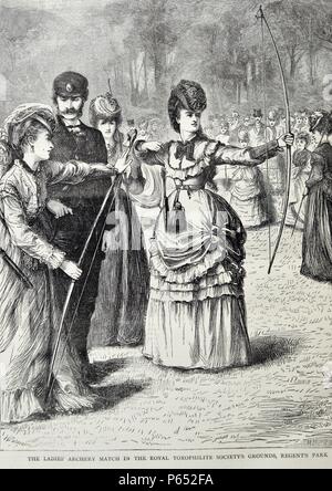 Engraving of the ladies' archery match in the royal toxophilite society's grounds, Regents Park. Dated 1870 Stock Photo