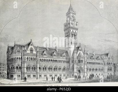 Engraving of the new town hall in Bradford. Known as Bradford City Hall, the building is a Grade I listed, 19th-century town hall in Centenary Square, Bradford, West Yorkshire, England, and is notable for its landmark bell/clock tower. Dated 1870 Stock Photo