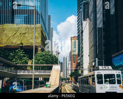 June 27, 2018- Central District, Hong Kong: viewing the Hong Kong street scene from the double decker tramway Stock Photo