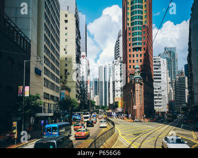 June 27, 2018- Central District, Hong Kong: viewing the Hong Kong street scene from the double decker tramway Stock Photo