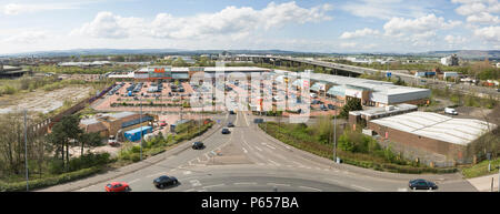 Low level aerial view of Abbotsinch Retail Park, Paisley, Scotland.  The Retail Park is owned by The Junction and consists of appriximately 170,000 sq Stock Photo