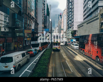 June 27, 2018- Central District, Hong Kong: viewing the Hong Kong street scene from the double decker tramway Stock Photo