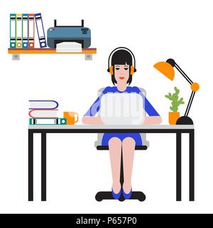 Woman sitting at table and working on laptop. Workspace. Stock Vector