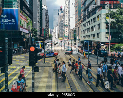 June 27, 2018- Central District, Hong Kong: viewing the Hong Kong street scene from the double decker tramway Stock Photo