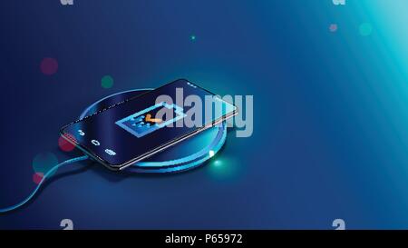 Black smart phone on wireless charging device on blue background. Icon battery and charging progress lighting on screen smart phone. Isometric vector illustration Stock Vector
