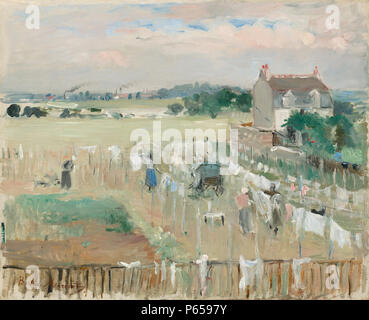 1875 Morisot Laundry. Painting; oil on canvas; overall: 33 x 40.6 cm (13 x 16 in.) framed: 52.4 x 60 x 5.7 cm (20 5/8 x 23 5/8 x 2 1/4 in.); Stock Photo