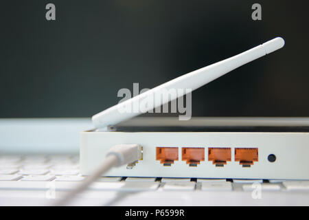 view on the ports of an internet wireless router Stock Photo