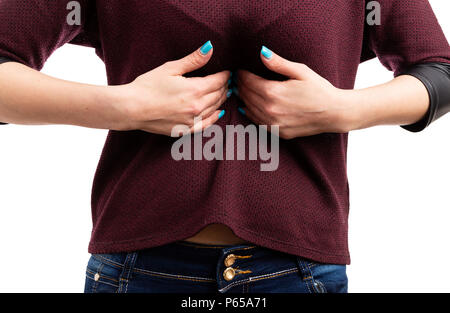 Close-up of woman suffering from acid stomach ache pressing painful body area as burn tummy health problem concept isolated on white background Stock Photo