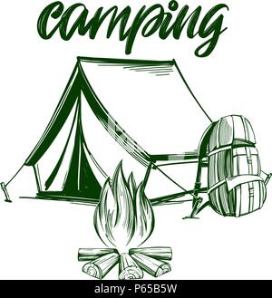 fire emblem, rest in the forest, camping hand drawn vector illustration realistic sketch Stock Vector