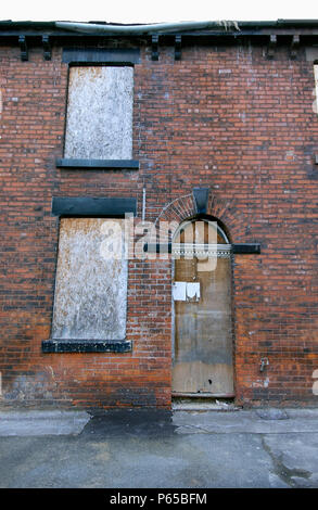 Derelict terraced Victorian houses waiting demolition, Salford, near Manchester, England, UK. Salford's regeneration objective is to ensure that each  Stock Photo